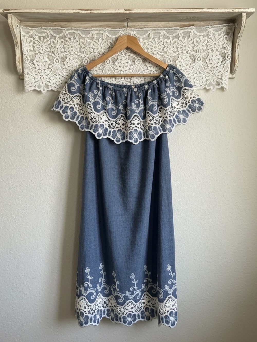 Kaktus Chambray Blue Shift Style Shoulder Embroidered Dress with Ivory Lace Trim - Picture 2 of 4